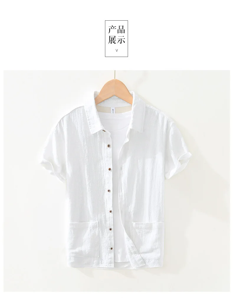 

Loose casual literary and simple short-sleeved shirt Summer solid color thin cotton and linen shirt