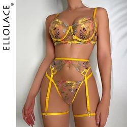 Ellolace lingerie sensual renda roupa interior transparente bordado 3 peças ligas fantasia bonito curto kits de cuidados com a pele íntimo