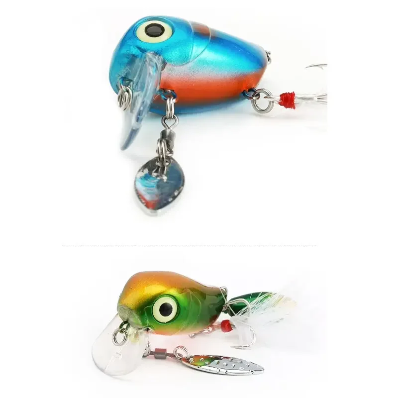 Micro Tappy Fishing Lures Crank Floating Wobblers Tongue Plate Fishing Spinners Spoon with Feather Rotates Bass Trout Crankbait