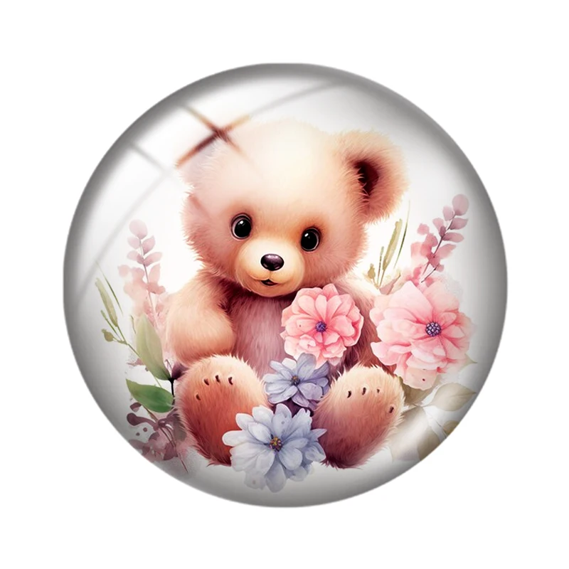 watercolor cute Teddy and flowers 10PCS  12mm/18mm/20mm/25mm Round photo glass cabochon flat back Making findings keychain