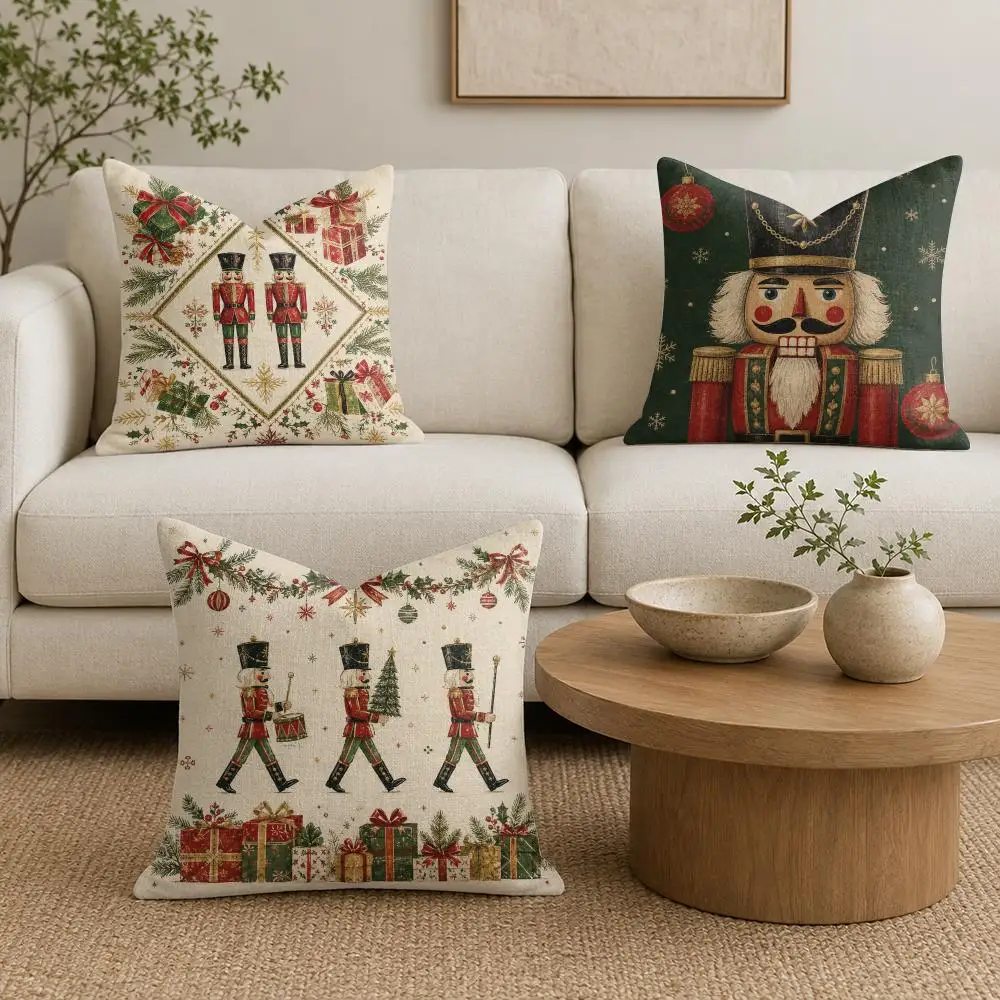 Christmas Nutcrackers Cushion Cover Organic Linen Throw Pillow Cover - Double-Sided Print Breathable Cushion Case Home Decor