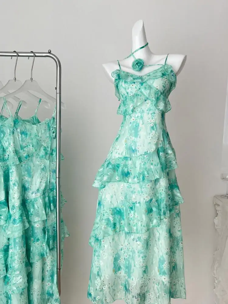 여름 섹시 하이웨이스트 러플 플리츠 파티 드레스 보헤미안 빈티지 여성 그린 플로럴 엘레강스 백리스 휴가 슬립 롱 드레스