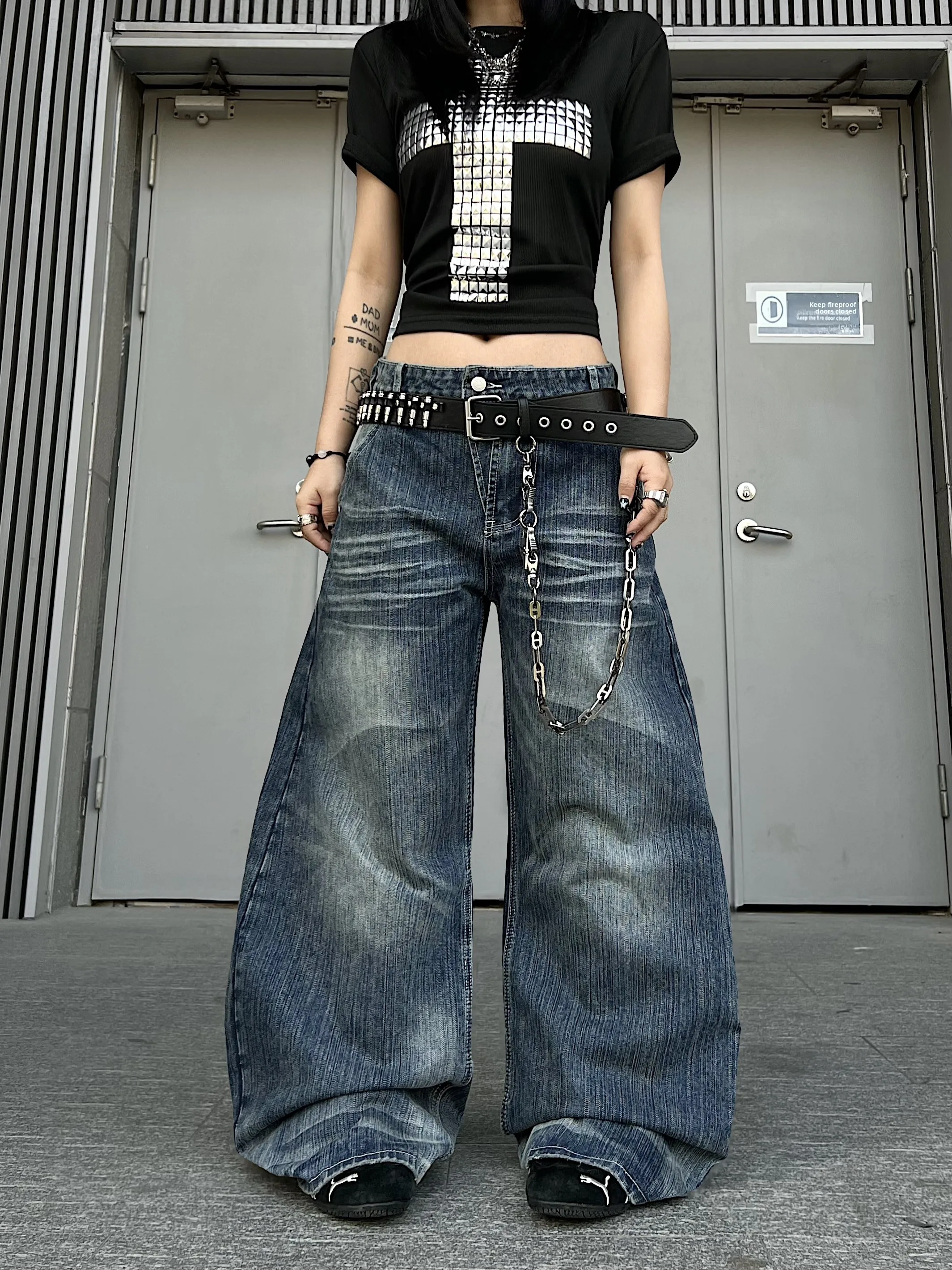 

Американские винтажные синие джинсы с бамбуковой текстурой, широкие, в пол, из денима, свободного кроя, повседневные брюки