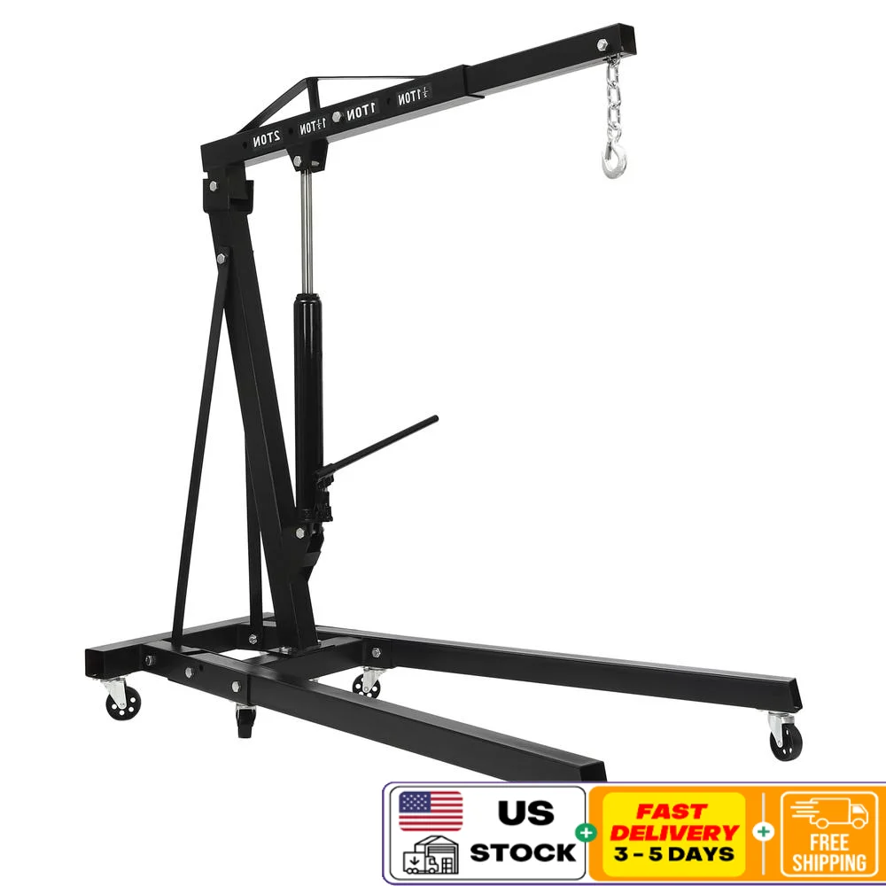 2T Folding Engine Lift 4400lbs Capacity 6 Wheels Shop Crane Cherry Picker Durable Carbon Steel Universal Wheels Easy Movement