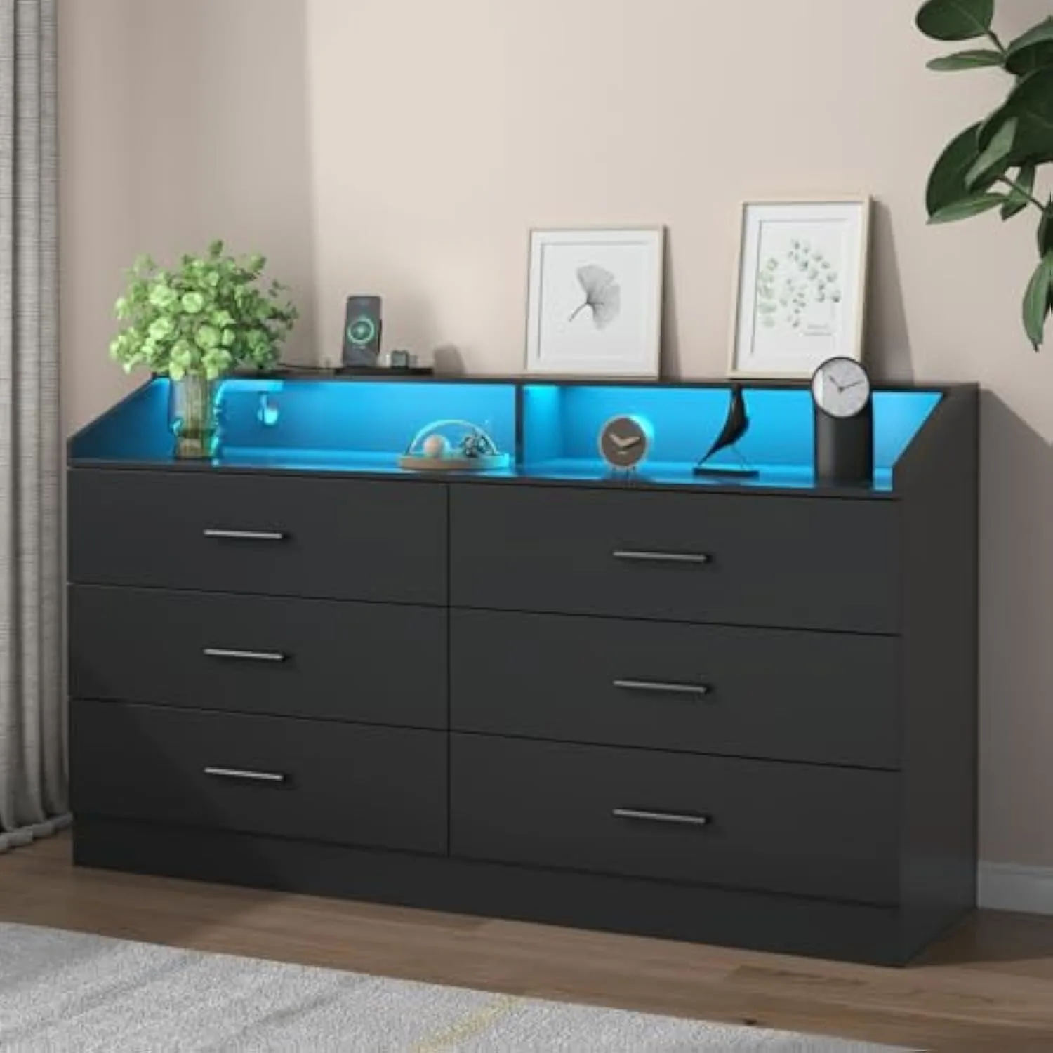 6 Drawer Dresser with Power Outlet Chest of Drawers with LED Light Modern Dresser with Open Storage Cubby Double Wide Dresser