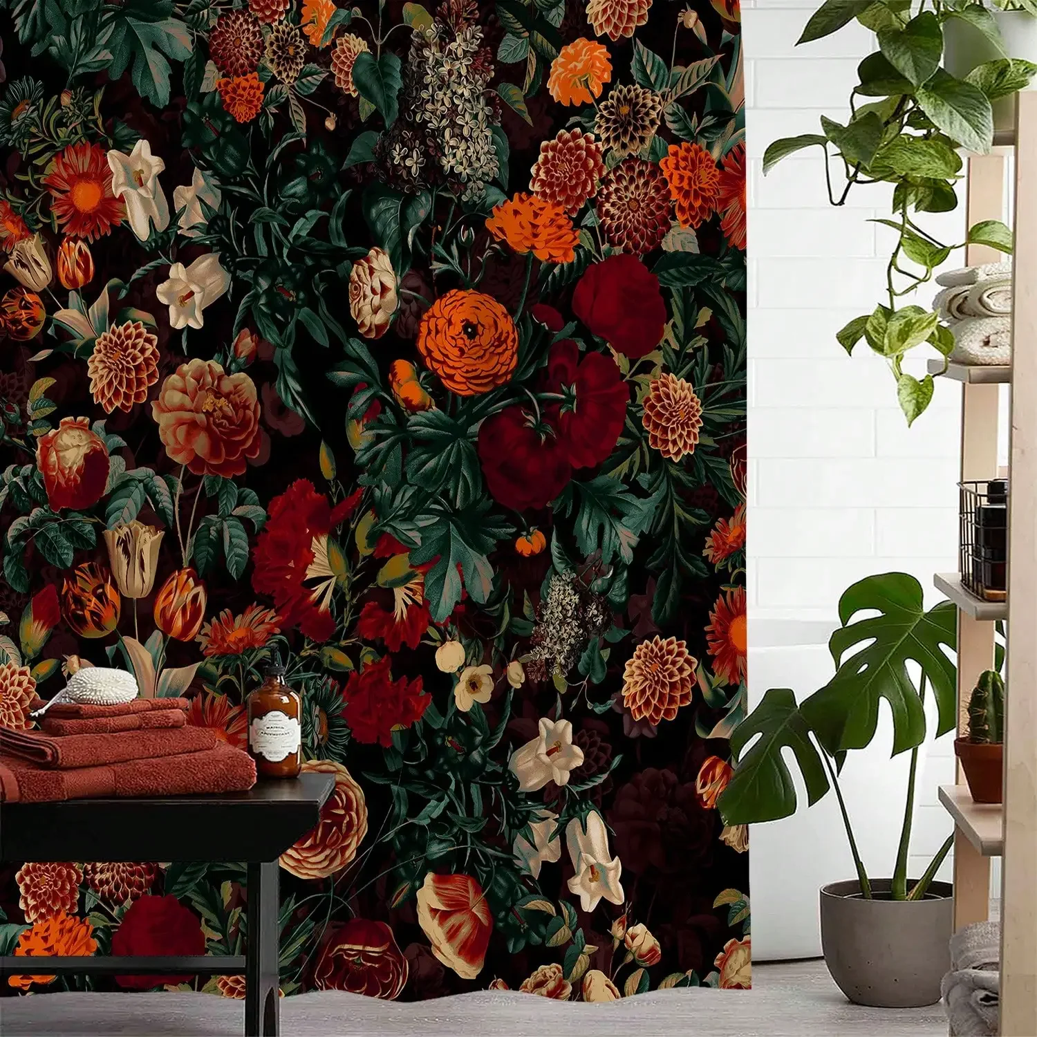 1pc Vintage Flower Printed Waterproof Shower Curtain With 12 Plastic Hooks, Bathroom Divider, Bathroom Decor Window Curtain