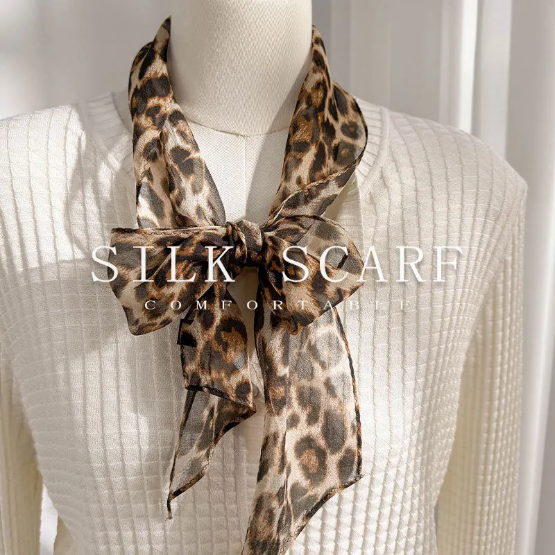 Silk Scarf Leopard Print Premium Mulberry Lightweight Soft Ribbon Hair Wrap for Women Spring Summer Daily Gift