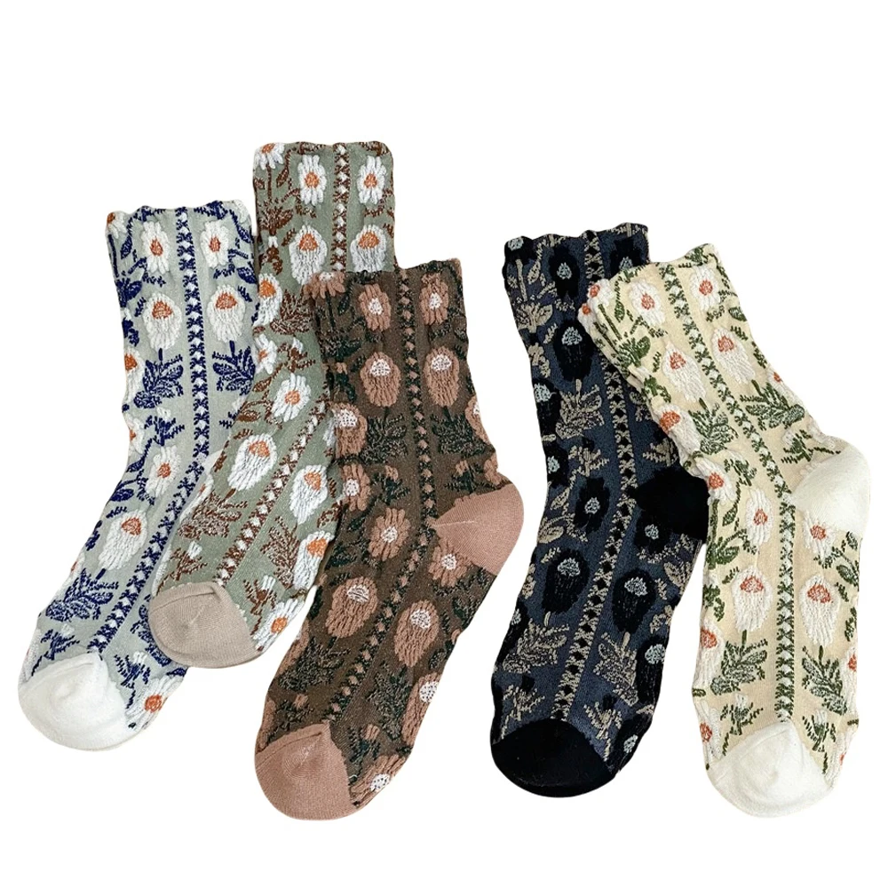 

5 Pairs Women Cotton Flower Mid Calf Tube Stretch Sports Crew Socks Stockings