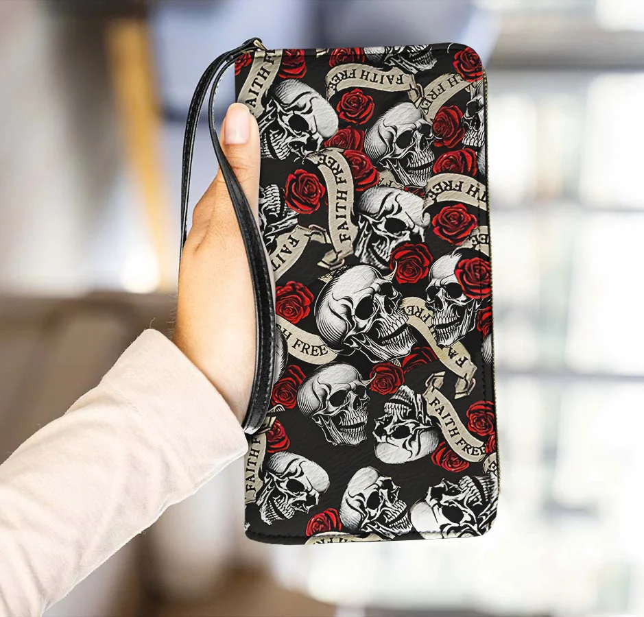 

Gothic Rose Floral Skull Design Women Wallets Fashion Long Leather Top Quality Card Holder Classic Female Purse Zipper Wallet