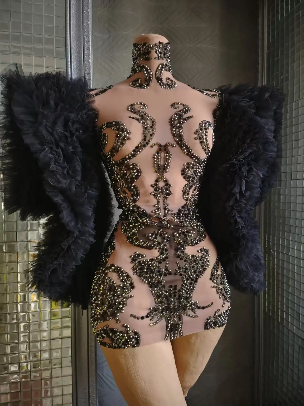 المرأة الفاخرة الراين طويلة نفخة الأكمام Bodycon شبكة فستان قصير مساء نادي حفلة Nightbar DJ Gogo فستان المرحلة زي