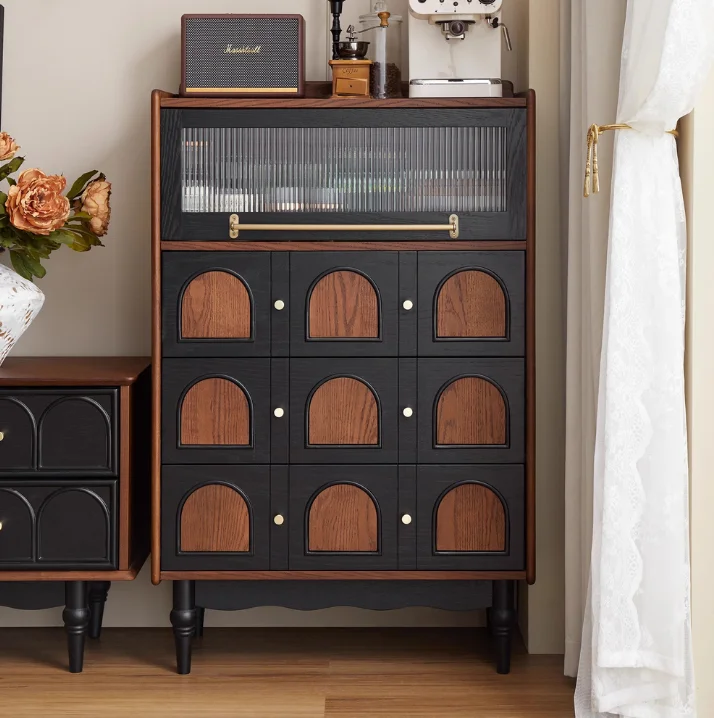 Retro Arched Inlay Display Cabinet Turned Leg for Entryway Living Room Hotel Furniture