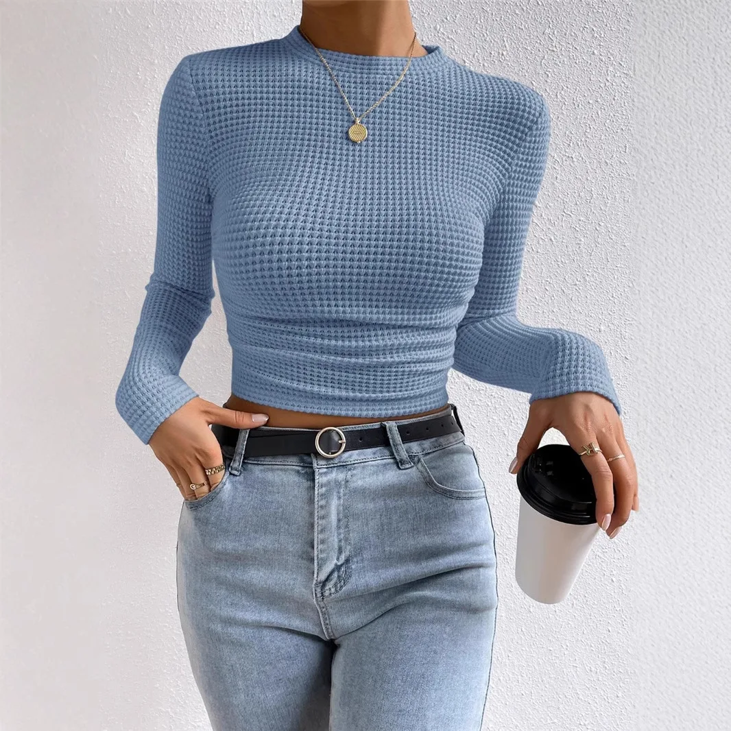 New Women's Crew Neck Cropped Long Sleeve Top Ribbed Slim Fit Elegant Versatile Trendy Casual Commute Office Daily Wear Blouse - view 3