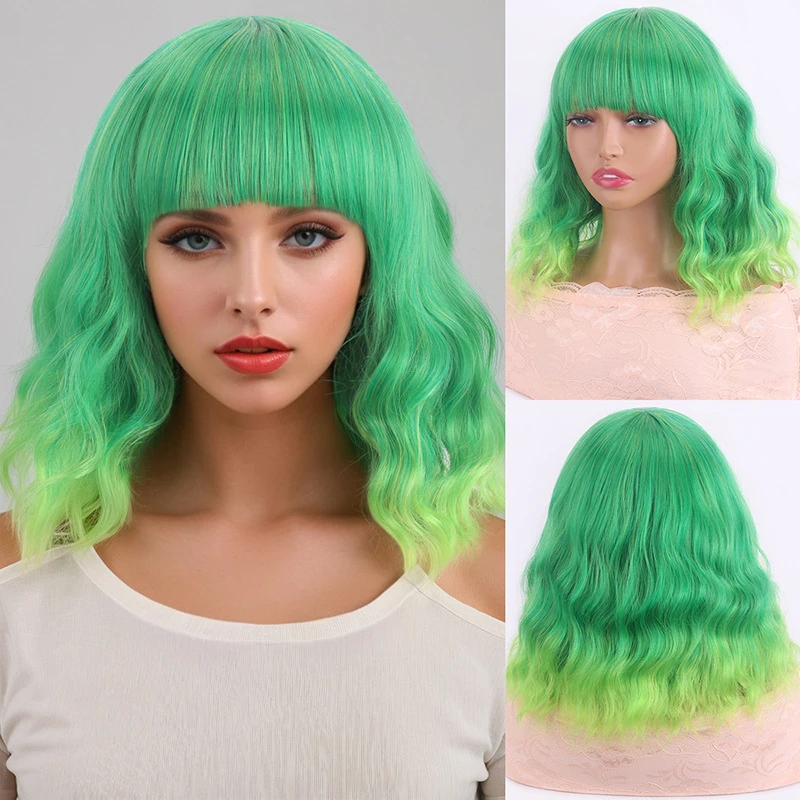 European and American style women's short curly hair wig with gradient green synthetic fiber