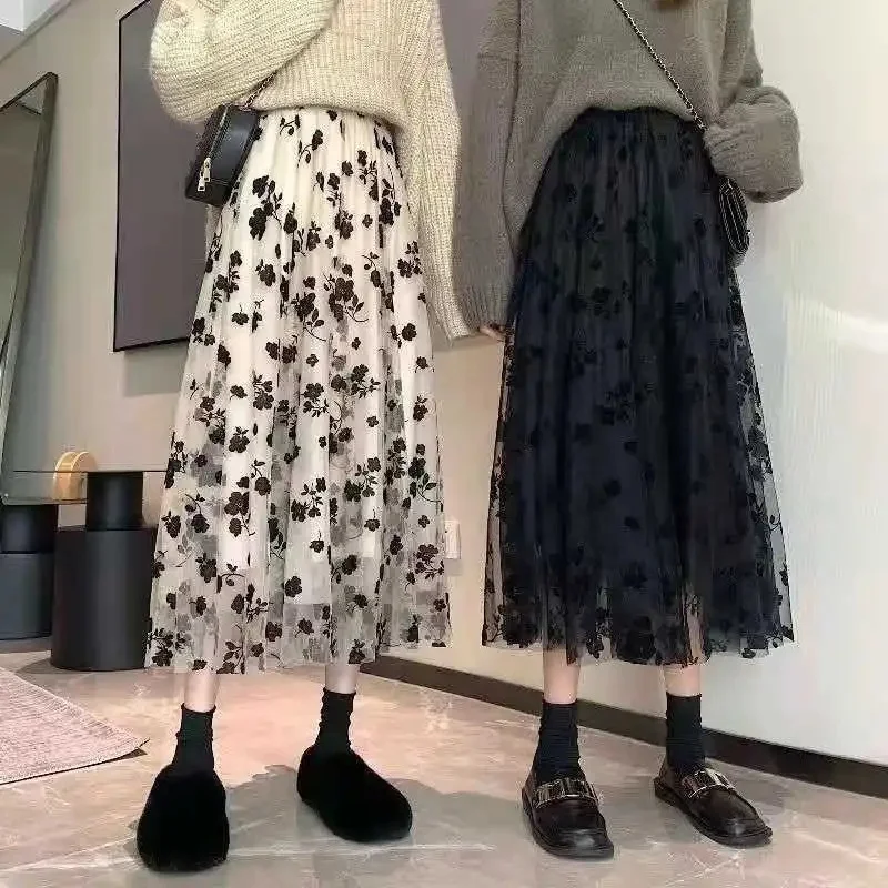 Elegant Floral Women Tulle Skirts High Waist Korean Flocking Pleated Midi Skirts Mesh Summer Office Ladies Skirt New