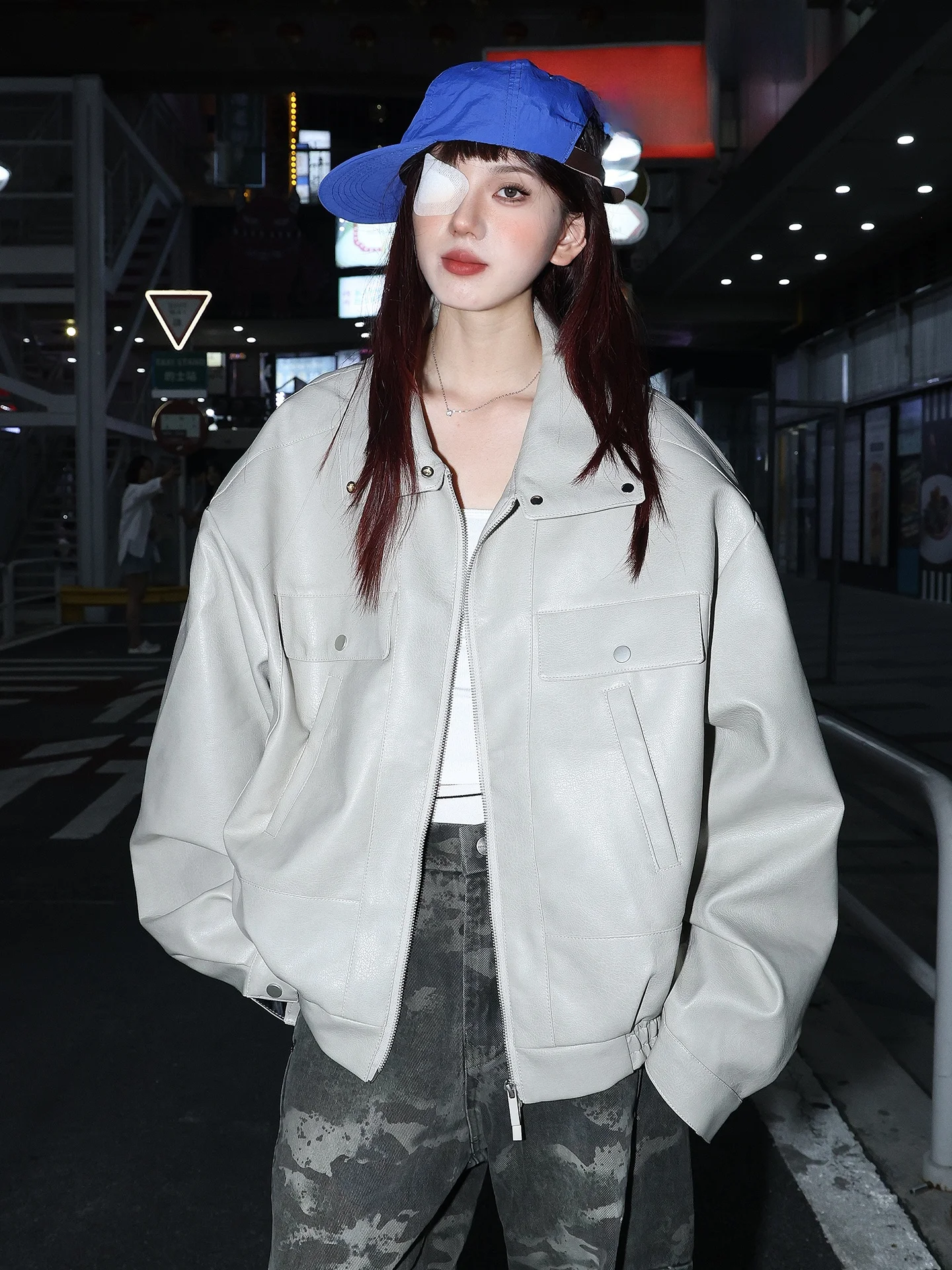 

American Retro Cleanfit PU Leather Jaet Men's Casual Sle Motorcycle Coat Couple's Trendy Autumn Faion Outerwear