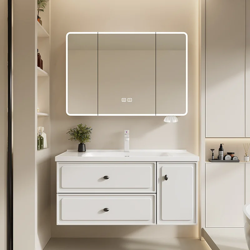 White Bathroom Vanity with Ceramic Sinkl Space Aluminum Alloy Bathroom Cabinet Integrated Ceramic Toilet Wash Basin Cabinet Set