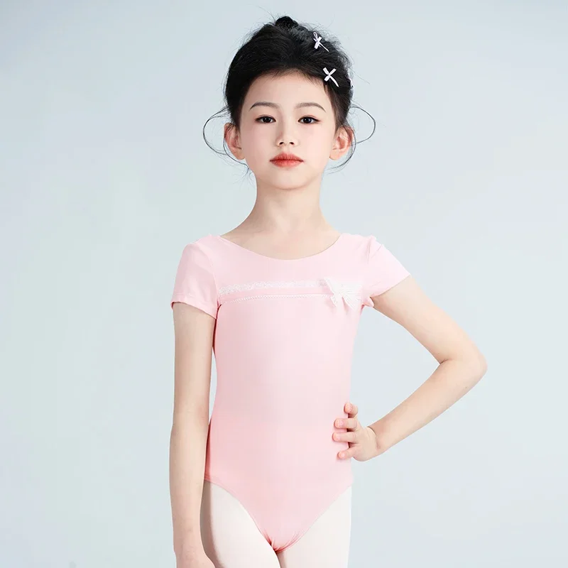 Collant de balé para meninas, crianças, adolescentes, renda, laço, dança, body, manga curta, nylon, ginástica