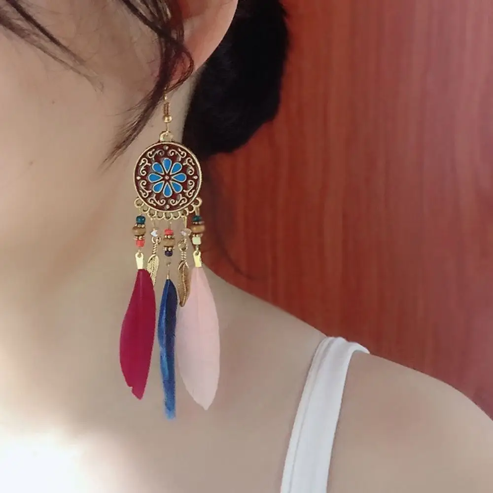 Bohemia Style Bohemian Feather Dangle Earrings Ethnic Style Bright Colors Feather Tassel Earrings Colorful Beads Zinc Alloy