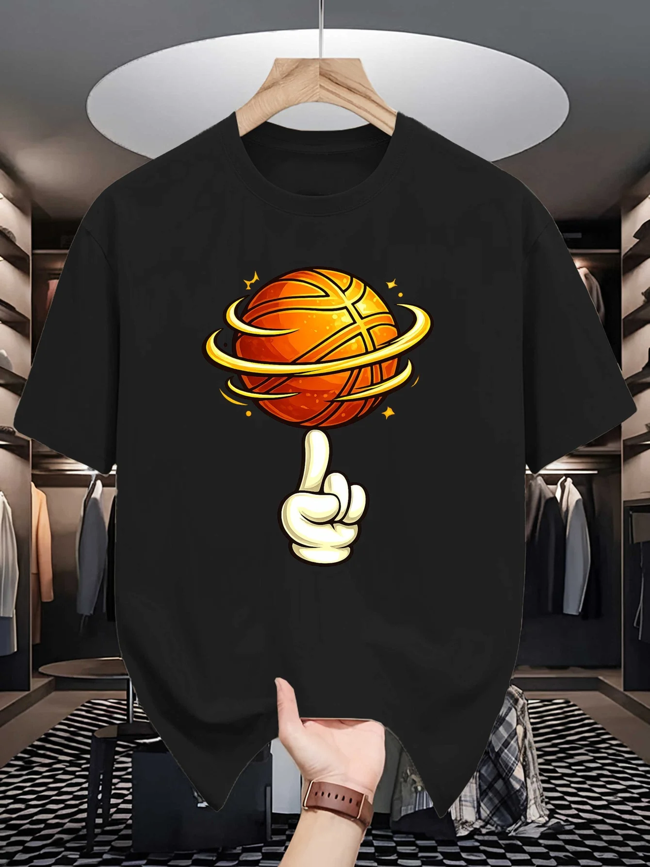 Mens Finger Spinning Basketball Graphic Tee Cool Basketball Trick Print O Neck Short Sleeve Cotton Tops For Sport Lover Men