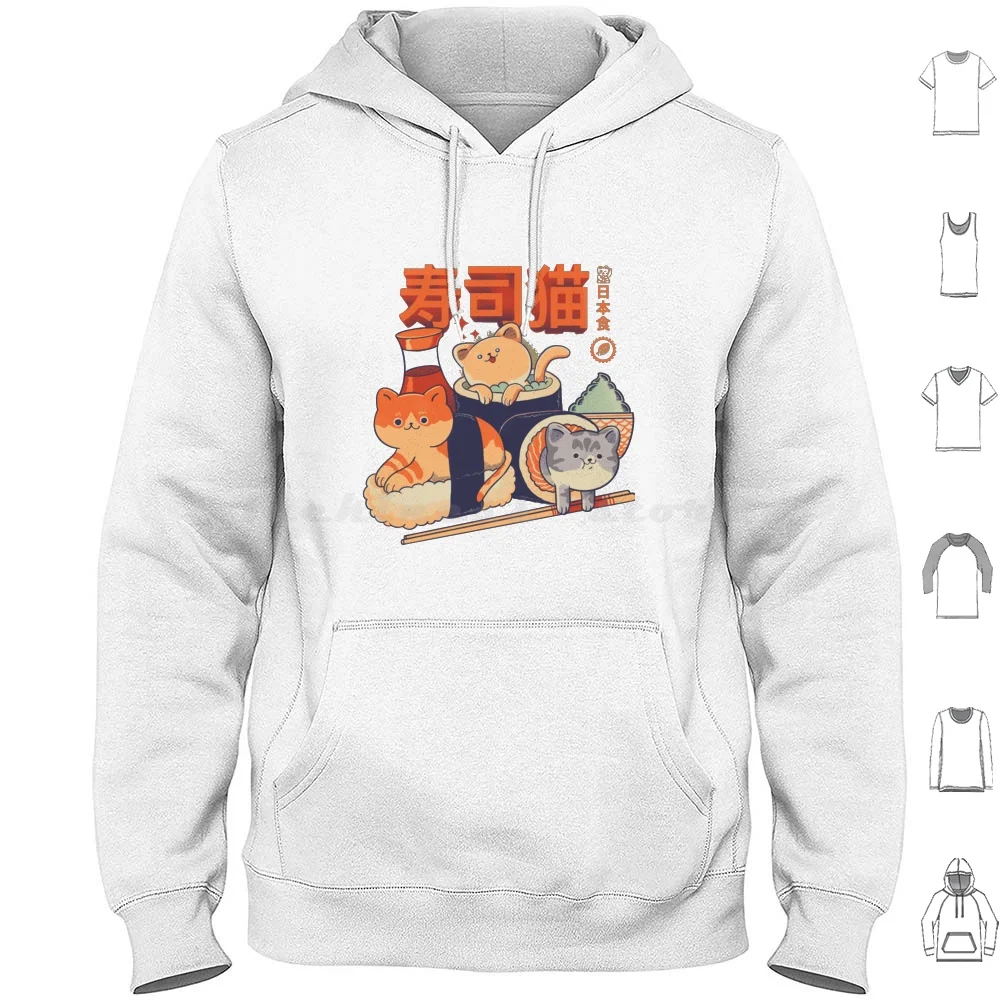 Sushi gatos sudaderas con capucha de manga larga Sushi animales gatos comida Japón japonés Kawaii gatito Kitty Meow Neko mascotas salsa de soja Wasabi