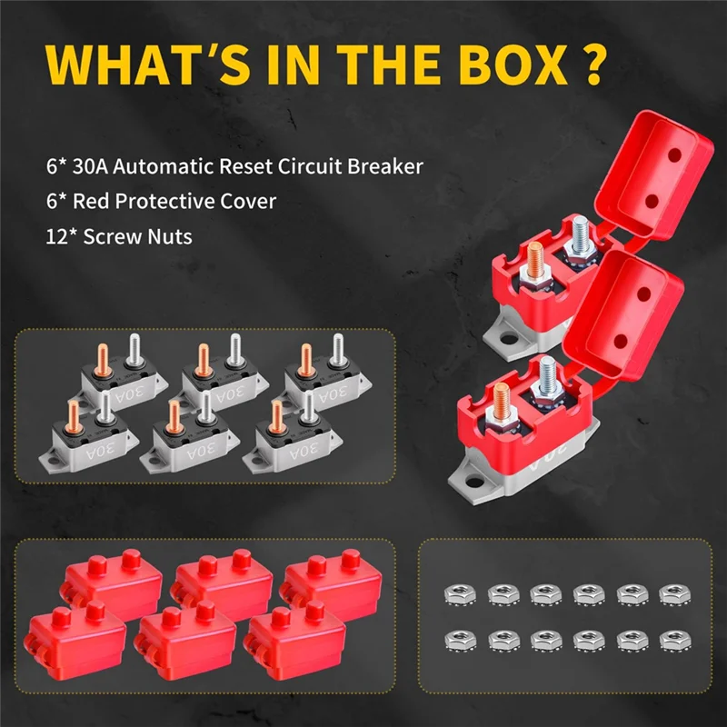 AB47-Car For Automotive 30Amp Automatic Reset Circuit Breaker 12V-24V DC For Marine Boat RV Trailer With Cover Stud Bolt 6Pcs