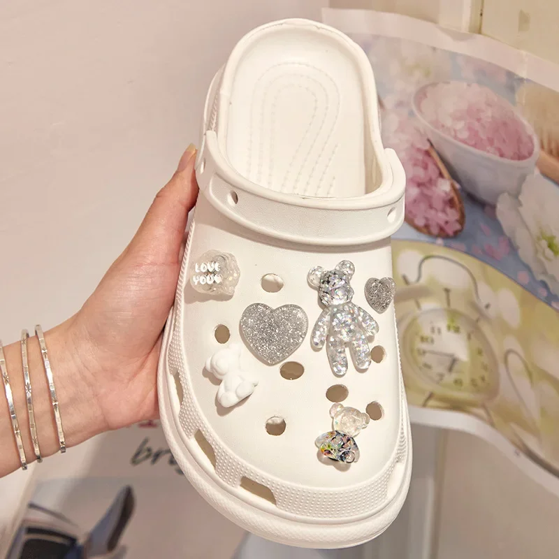 12pcs/set Glitter Love Bear Novelty Cute Hole Shoes Charms PVC Shoe Decorations Sneakers Slippers Accessories Kid Girl Gift New