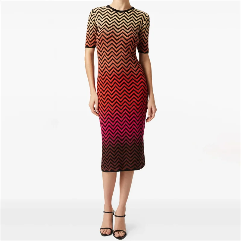 

Womens dresses New elastic knitted hip hugging dress for summer 2025 striped slim fit short sleeved midi dresses party dresses