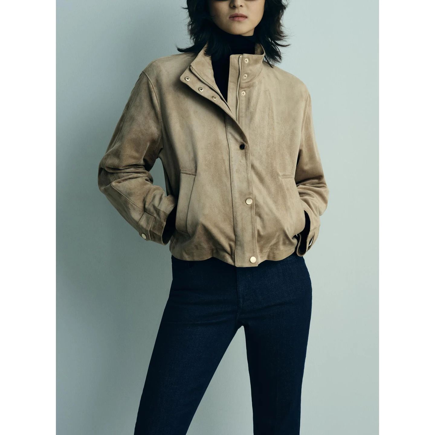 

Faionable Korean Sle Women's Jaet Autumn New Arrival Zipper Zipper Faux Suede Effect Stand Collar ort Outerwear