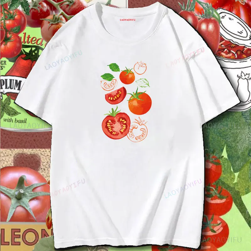 Vintage Slice Up Tomato Print T Shirt Fruit Botanical Graphic Cotton Shirt Aesthetic Garden T-shirt Women Vegan Cottagecore Tops