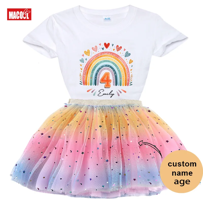 Personalized Rainbow Birthday Girl Outfit Custom Name Tshirt Tutu Skirt Set Kids Princess Birthday Party Costume 6th 5th 4th 3th