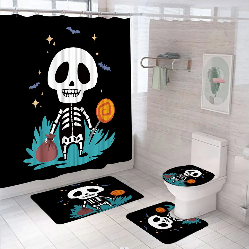 

4PCS Skeleton Skull Bathroom Set Shower Curtain Horror Halloween Bat Screen Non-Slip Bath Mat Rug Carpet Lid Toilet Cover 12Hook