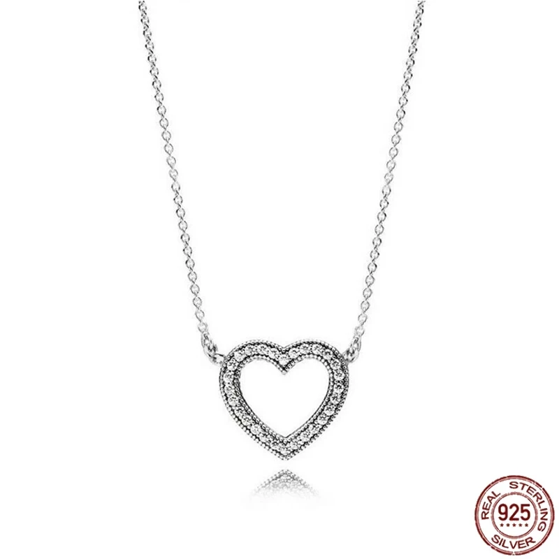 Classic 925 sterling silver shiny round hearts square pendant necklace fit original Pandora pendant DIY couple jewelry gifts