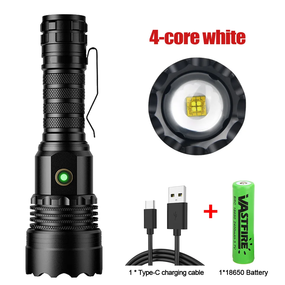 4500mAH 4 Core White Ultra Bright Powerful LED Flashlight USB Rechargeable Zoom Torch Tactical Flash Lamp Long Shot Waterproof