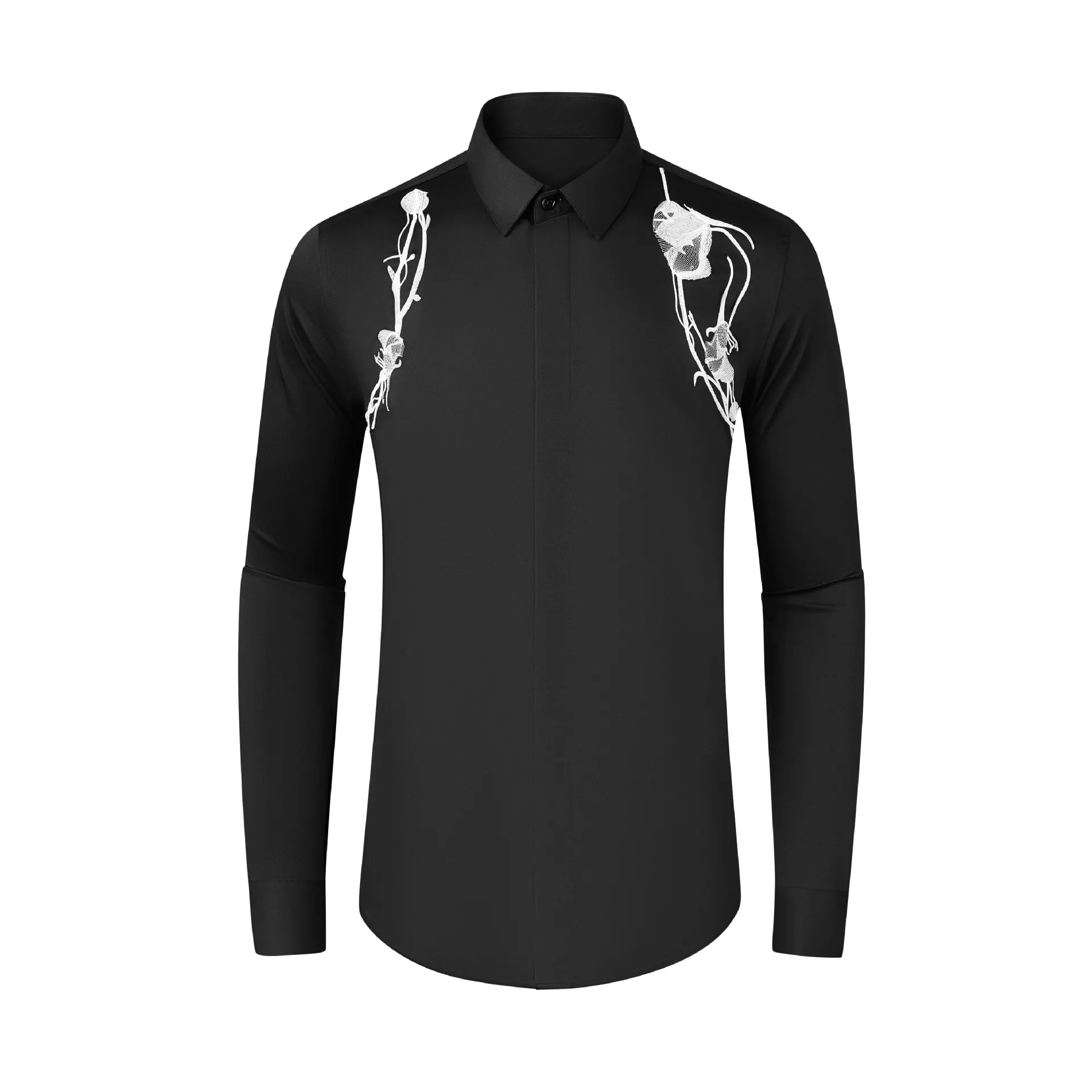 Trendy brand Spring and Autumn Chinese style Lotus embroidery Cotton slim fit long sleeved men's high-end casual shirt