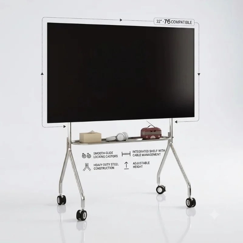 Moderner Nordischer Mobiler TV-Ständer auf Rollen Ohne Bohren Freistehender Wagen 60KG Tragkraft Höhenverstellbares Pegboard für 32-75 Zoll Fernseher