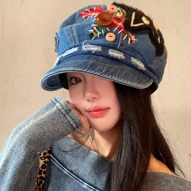 270D زر ستار مرقعة قبعة بيريه للنساء تنفس قبعة أجرة 2000s فتاة المتعثرة الرسام قبعة فاسق أغطية الرأس يوميا