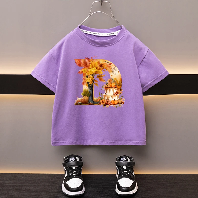 Maple Leaves Letter D Children T-shirt Kawaii Clothes for Girls T Shirt Anime Cartoons Casual Kid Boy Short Sleeve Tops New 2024