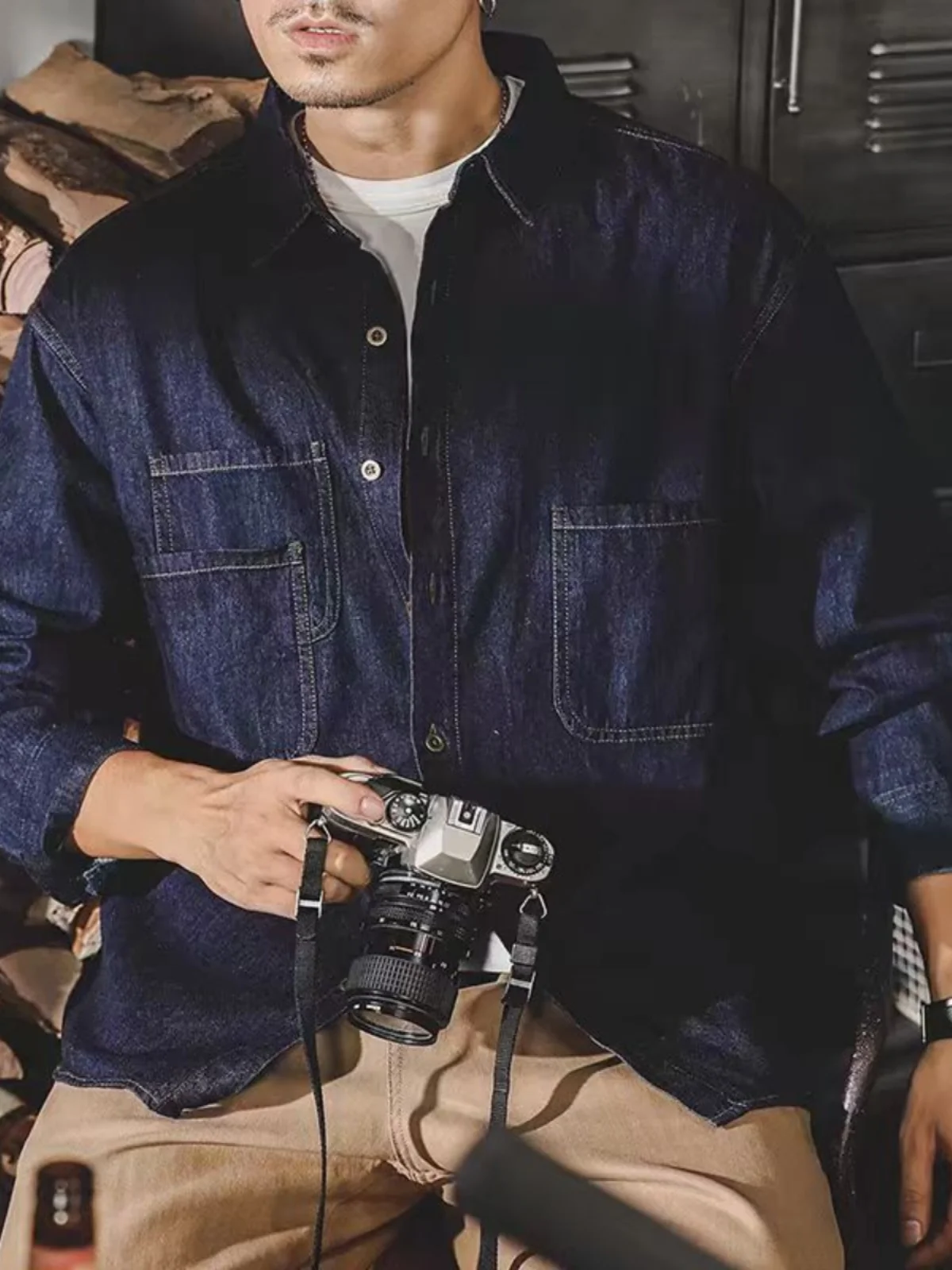 Jaqueta jeans retrô americana masculina manga comprida solta ajuste camisa casual primavera outono tendência da moda