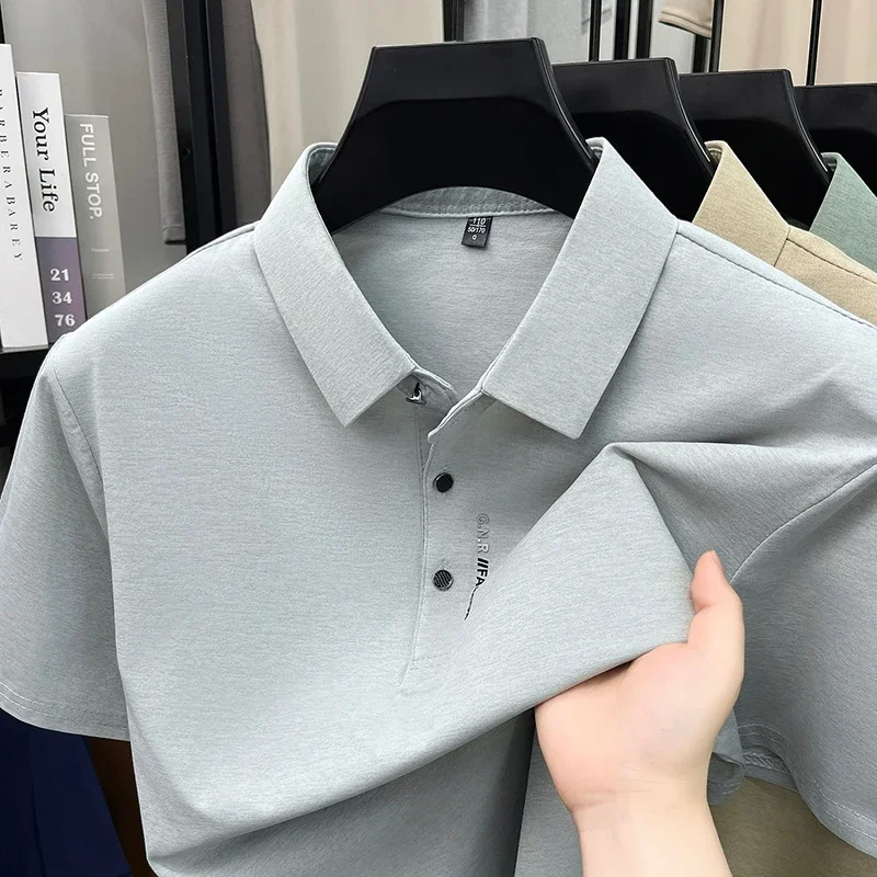 Premium matte melange knit polo tee men lapel three button collar sleeve letter graphic elastic anti wrinkle walking top