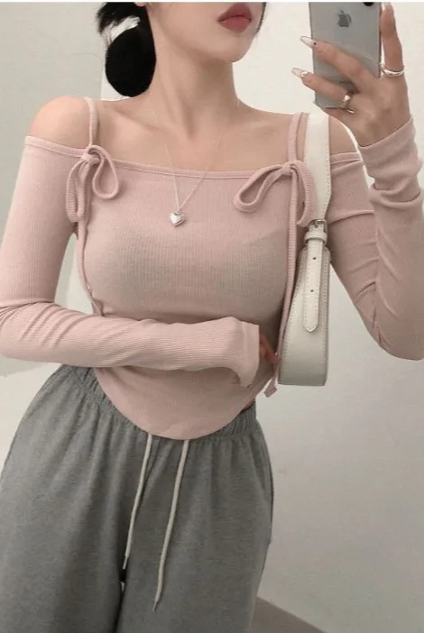 Autumn Korean 2024 Version New Slash Neck Lace Up Off Shoulder Long Sleeve Pullover Women Curved Cinching Waist Short Top 0THP