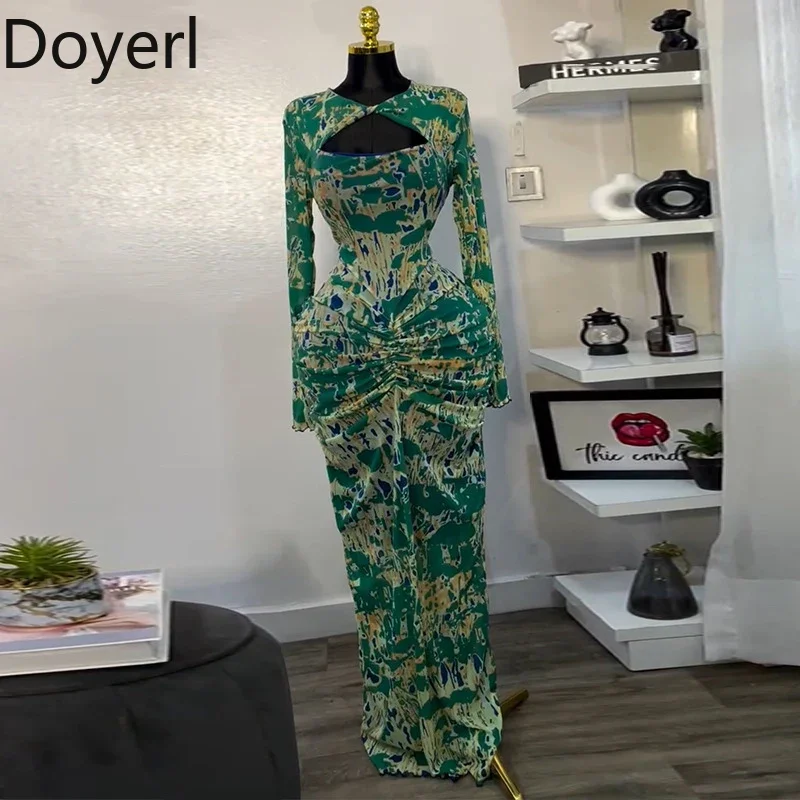 Doyerl Long Sleeve Bodycon Maxi Dresses Women Elegant Cut Out Ruched High Waist Print Sheath Night Club Party Long Dress Robes