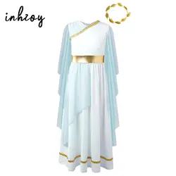 Girls Athena Costume Greek Princess Dress Ancient Greece Roman Toga with Laurel Headwear Halloween Carnival Cosplay Outfits Sets