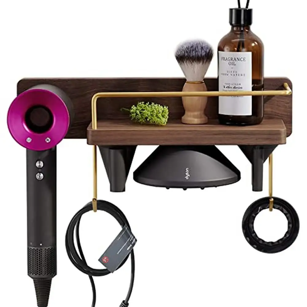 Wall Mount Wood Hair Dryer Holder Organizer Dyson Hair Dryer Diffuser Nozzle Power Cord Toiletries Hair Tools Storage Rack