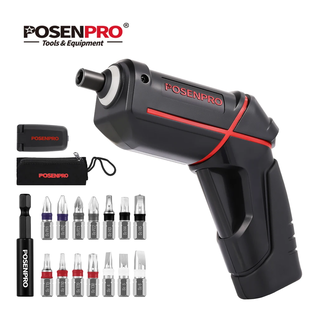 POSENPRO Cordless Electric Screwdriver, 4V Rechargeable Power Screwdriver with USB Cable, Carrying Bag & Accessory Box
