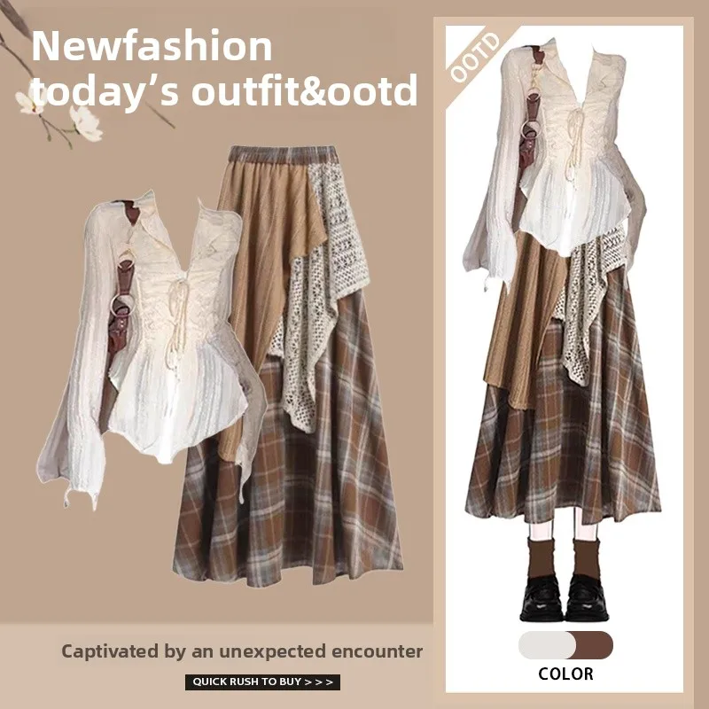 

Fall Fashion Women's Korean Style Shirt And Slimming Skirt Two-Piece Set Long Sleeve V-Neck Other 100% Material Ensemble