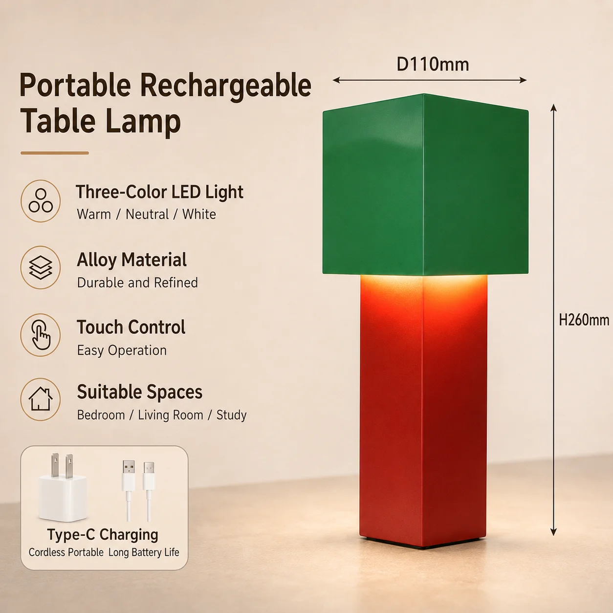 Cream Colored LED Desk Lamp Stepless Dimming Rechargeable Desk Lamp Portable Bedside Night Light Suitable for Study and Bedroom