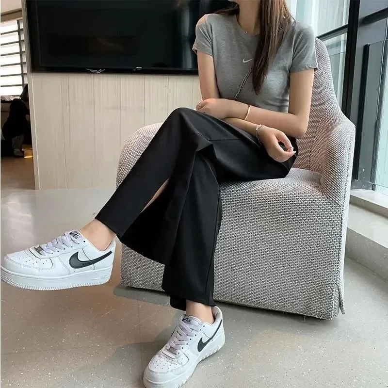 Pants Women Side-slit Black Full-length Solid Simple Casual Minimalist Korean Style High Waist Straight Loose All-match Ins Chic