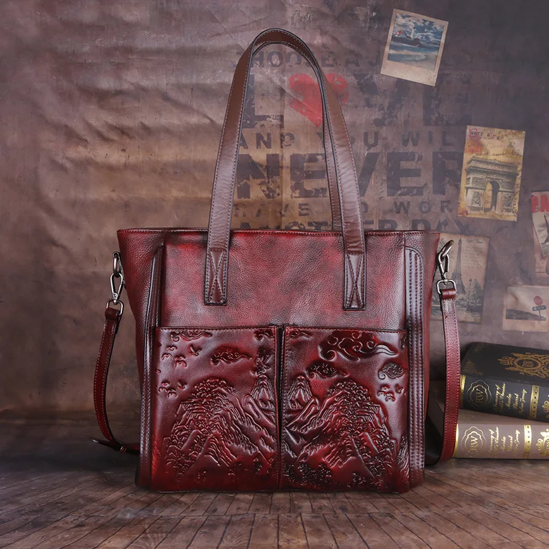 Vintage Women Shoulder Bag Luxury Genuine Leather Handbag For Women 2023 New casual Handmade Embossed Tote Bag Ladies