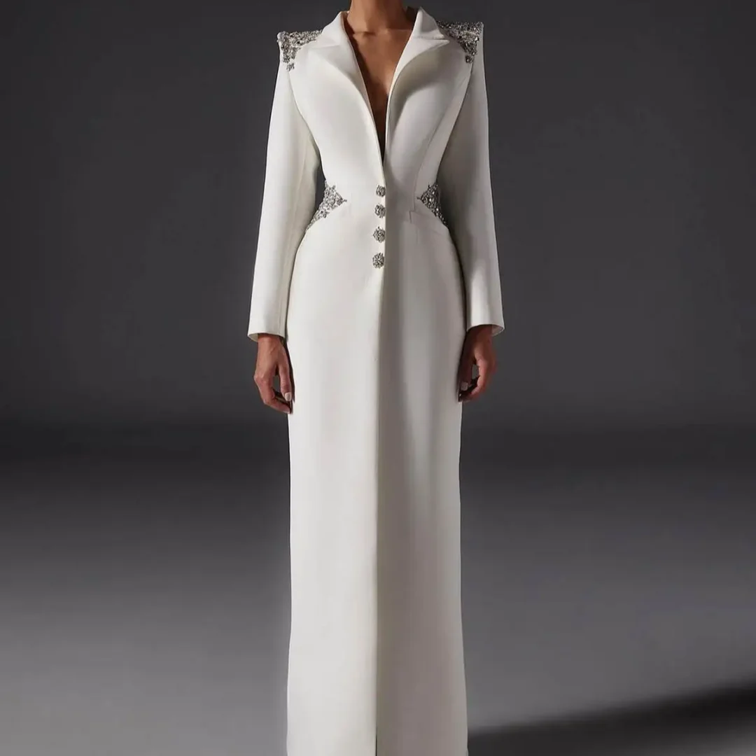 

Elegant Slim Fit Beading V Neck Jacket Prom Evening Guest Formal Wear Party Outfits Women Long Blazer Dress Customized