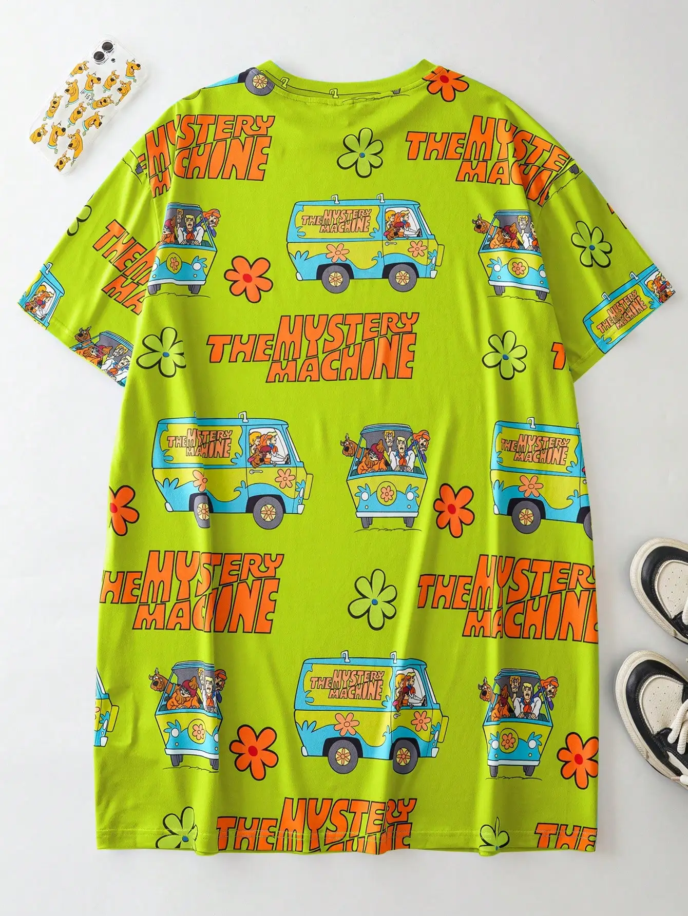 

Loose Fit Short Sleeve Nightgown with Retro Van Print and Floral Pattern